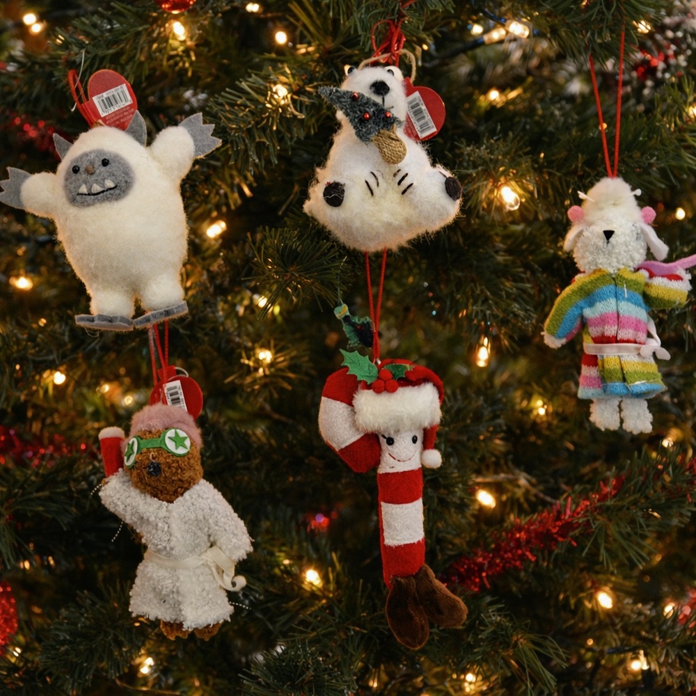 Christmas tree ornaments NEW NWT 5 total candy cane poodle yeti bear mouse